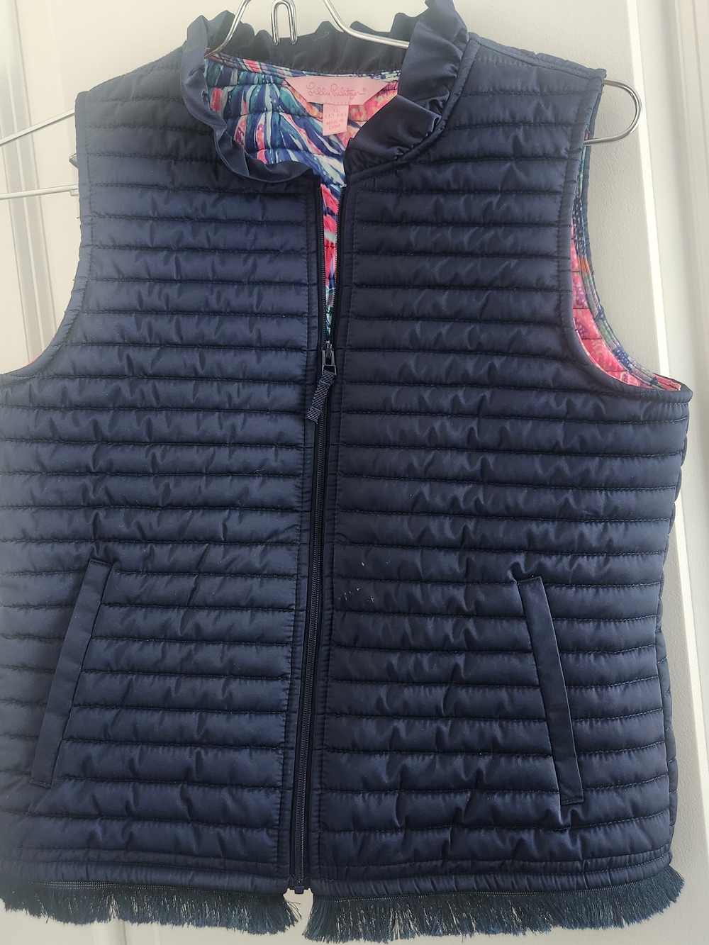 Lilly Pulitzer Navy Quilted Girls' Vest with Ruffle Collar and Colorful Lining